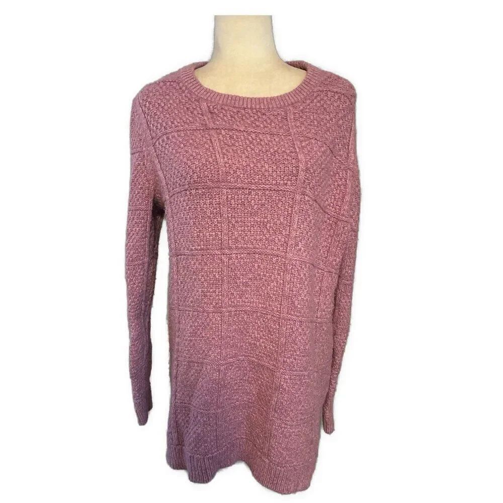 Lands End Solid Magenta Pink Purple Knit Checked Long Sleeve Sweater Medium